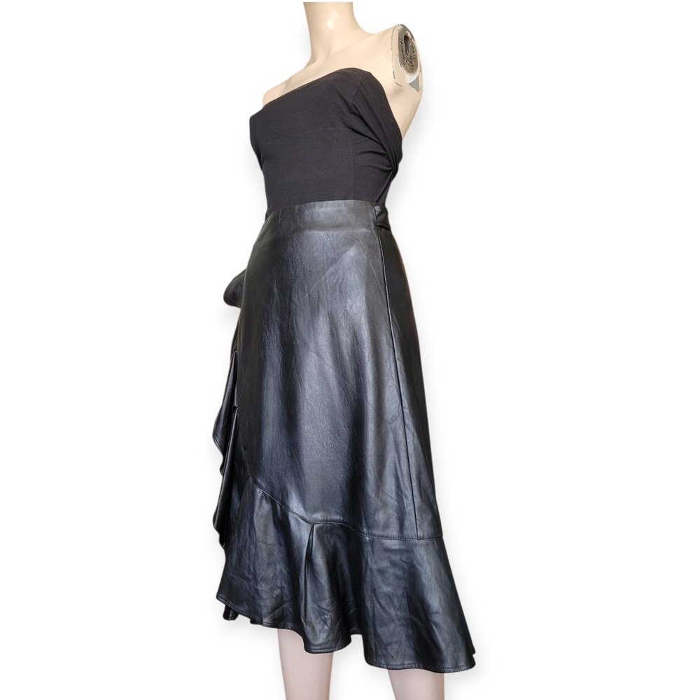 Faux Leather Wrap Midi Skirt With Ruffle Black Large
